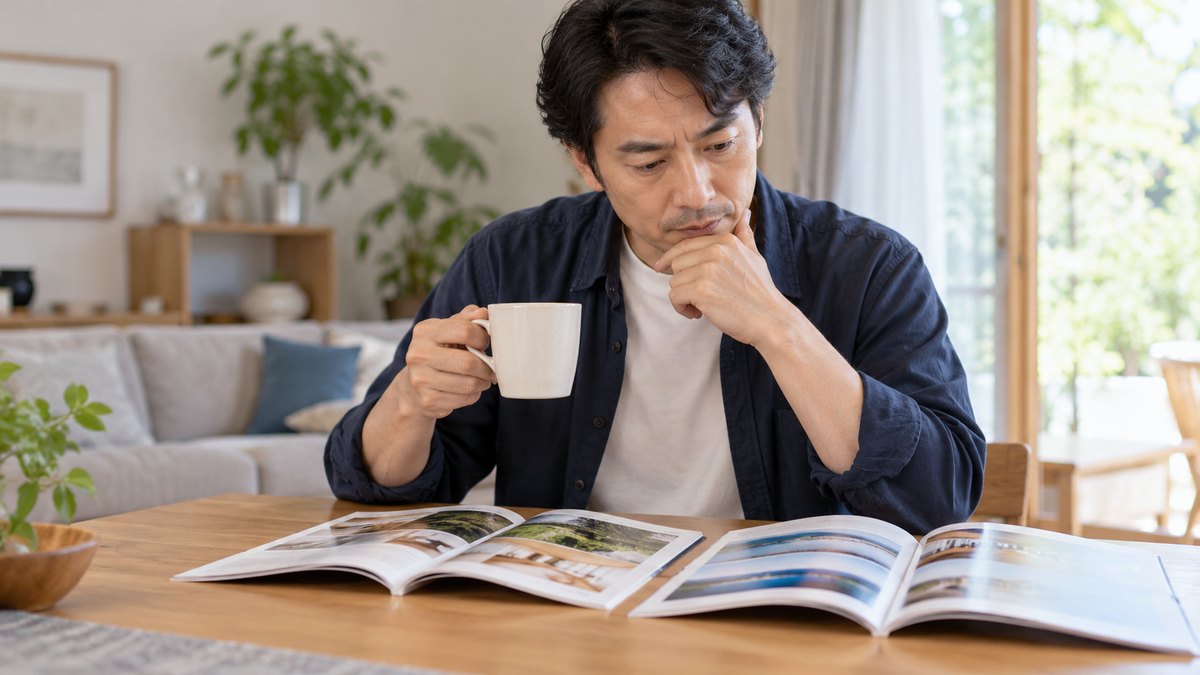 休日の朝、自宅のリビングのテーブルで、40代の男性が2冊のパンフレットを並べて開き、コーヒーを手に見比べながら考えている近景。パンフレットの文字は読めない