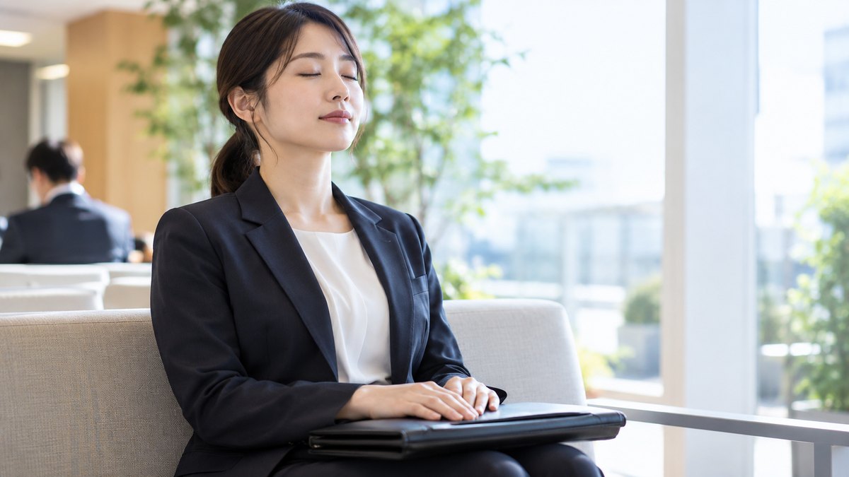 朝、会社の明るい待合スペースの椅子に座った30代の女性会社員が、膝の上に書類ケースを置き、目を閉じてゆっくり息を吐きながら、大事な面接の前に気持ちを落ち着けている近景。書類の文字は見えない
