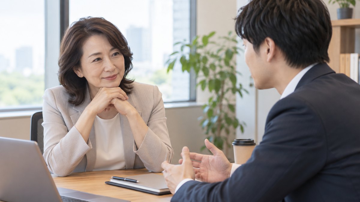 午後、会社の小さなミーティングスペースで、50代の女性上司と30代の男性社員がテーブルの角をはさんで座り、男性が話すのを上司が穏やかな表情で聞いている1対1の面談の近景。書類の文字は見えない