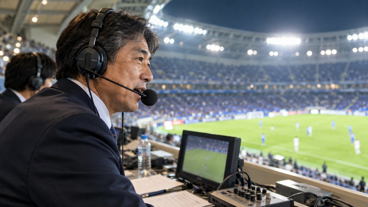 夜のサッカースタジアムの放送席で、50代の男性アナウンサーがヘッドセットをつけ、照明に照らされたピッチを見下ろしながら実況している横からの近景。機材や紙に文字やロゴは無い