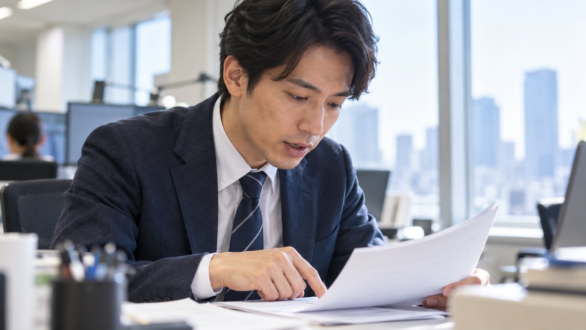 朝、放送局のような明るいオフィスの窓際の席で、30代の男性がデスクに置いた原稿を指でなぞりながら、小さな声で読みの確認をしている近景。原稿やパソコンの画面の文字は見えない