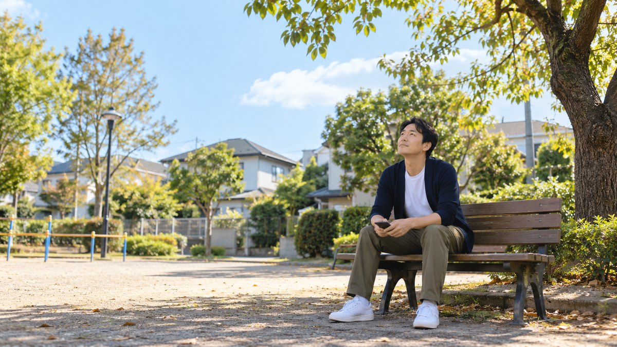 休日の午後、住宅街の小さな公園のベンチで、30代の男性がスマホを耳に当てずに膝の上に置き、空を見上げて考えごとをしている遠景。スマホの画面は見えない