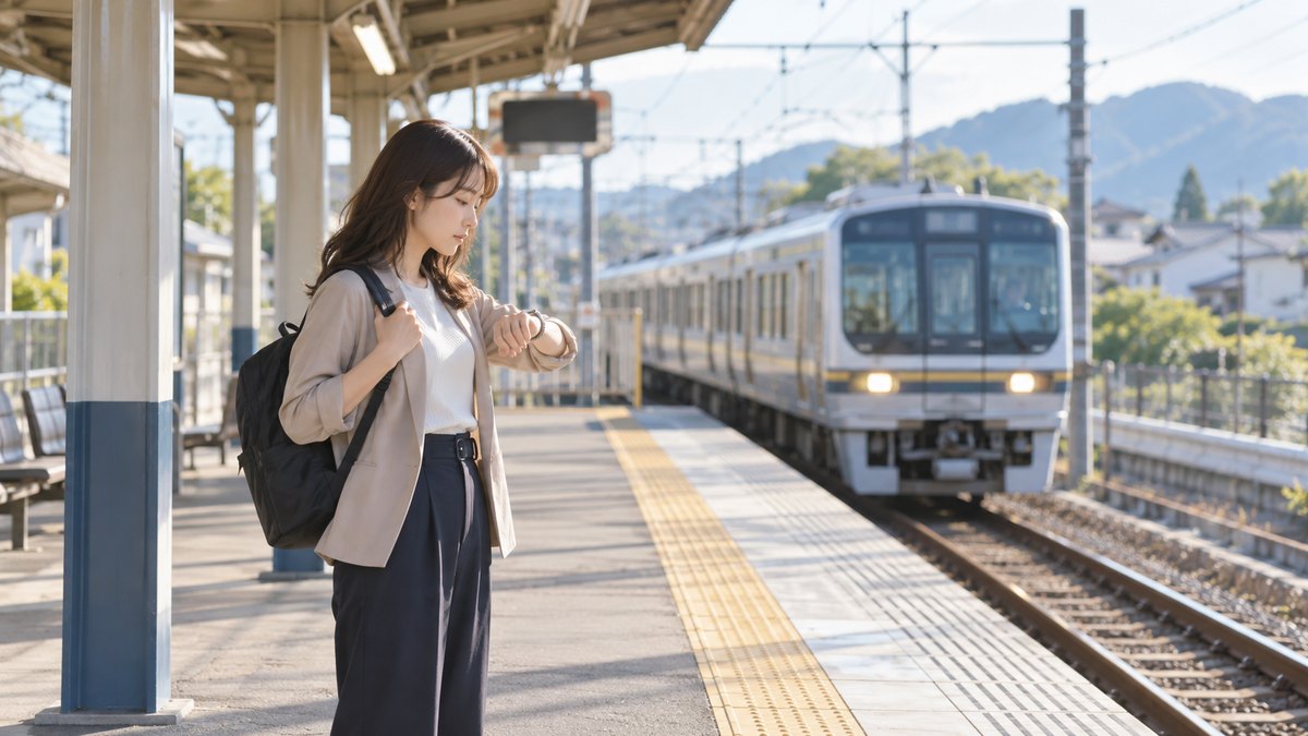 朝、郊外の駅のホームで、20代後半の女性がリュックを背負い、到着する電車の方を見ながら腕時計を確かめている遠景。駅名や電光掲示の文字は見えない