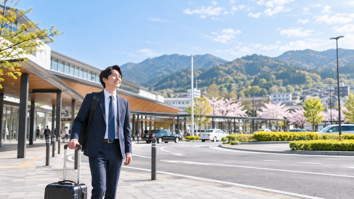 春の昼、地方の駅前のロータリーで、20代後半の男性がスーツ姿でキャリーケースを引き、山並みが見える新しい街を見渡して笑顔を見せている遠景。駅名や看板の文字は見えない