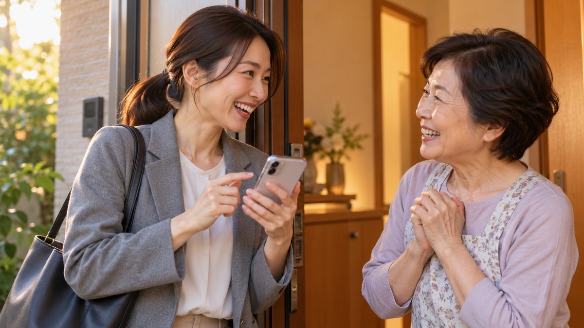 夕方、自宅の玄関で、仕事帰りの30代の女性がスマホを手に、出迎えた60代の母親にうれしい知らせを伝えて2人で笑顔になっている近景。スマホの画面は見えない