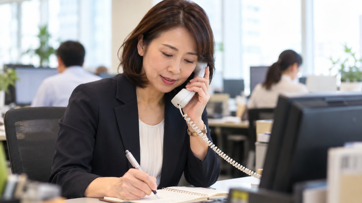 平日の昼、オフィスの自席で、40代の女性会社員が固定電話の受話器を耳に当て、メモ帳にペンで書き留めながら落ち着いて問い合わせている近景。メモ帳の文字は読めない
