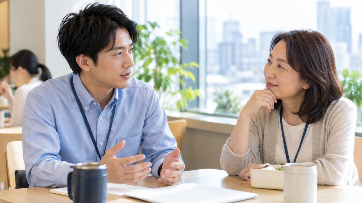 昼休み、会社の休憩室の窓際の席で、30代の男性社員が向かいに座る50代の女性の先輩に、休みの取り方について穏やかに相談している近景。机の上の紙の文字は見えない