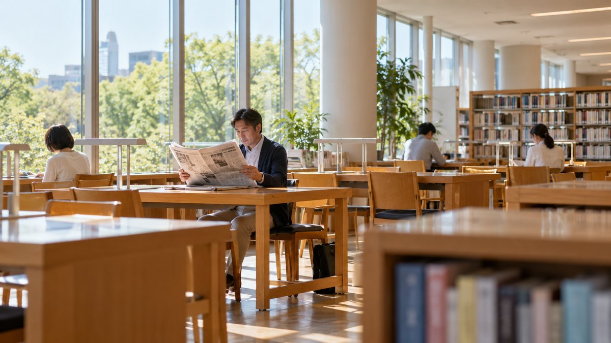 休日の朝、市立図書館の明るい閲覧席で、40代の男性が新聞を広げて静かに読んでいる遠景。新聞の文字は読めない