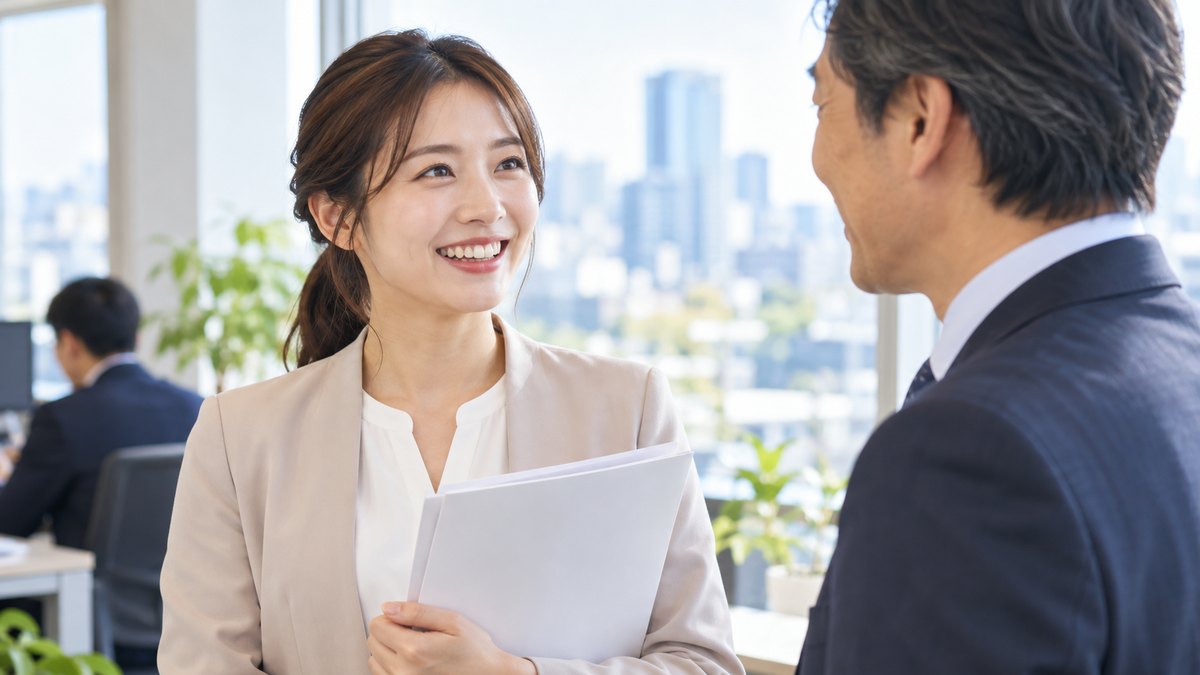 朝、明るいオフィスの窓際で、30代の女性会社員が背筋を伸ばし、資料を胸の前に持って、同僚の40代男性に明るい表情で話しかけている近景。資料の文字は見えない