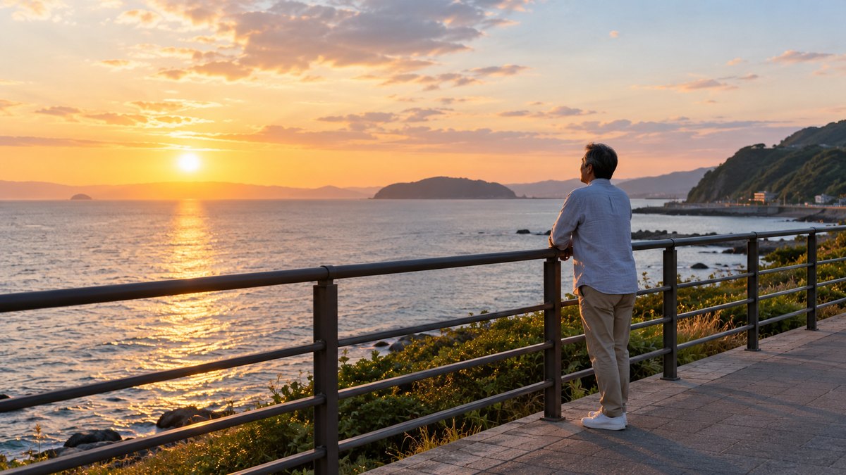 休日の夕方、海辺の遊歩道で、50代の男性が手すりにもたれて海を眺め、ゆっくり深呼吸をしている遠景