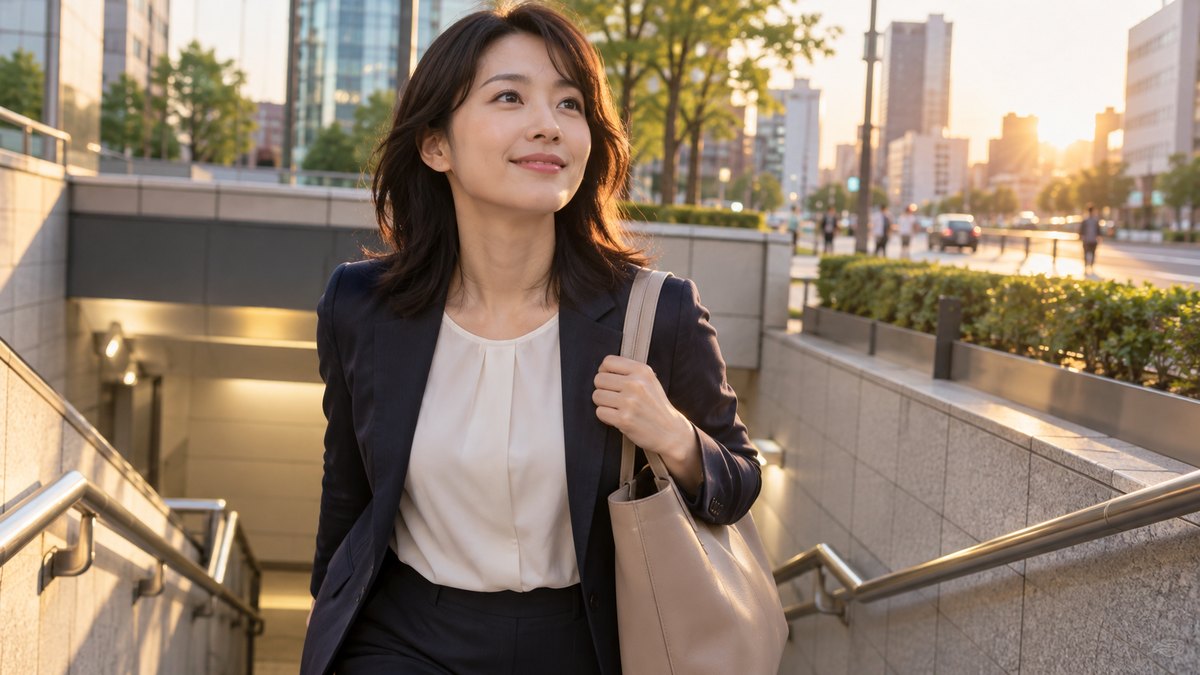 夕方、地下鉄の駅の出口の階段を、30代の女性会社員がトートバッグを肩にかけて地上へ上ってくる近景。駅名や案内板の文字は見えない