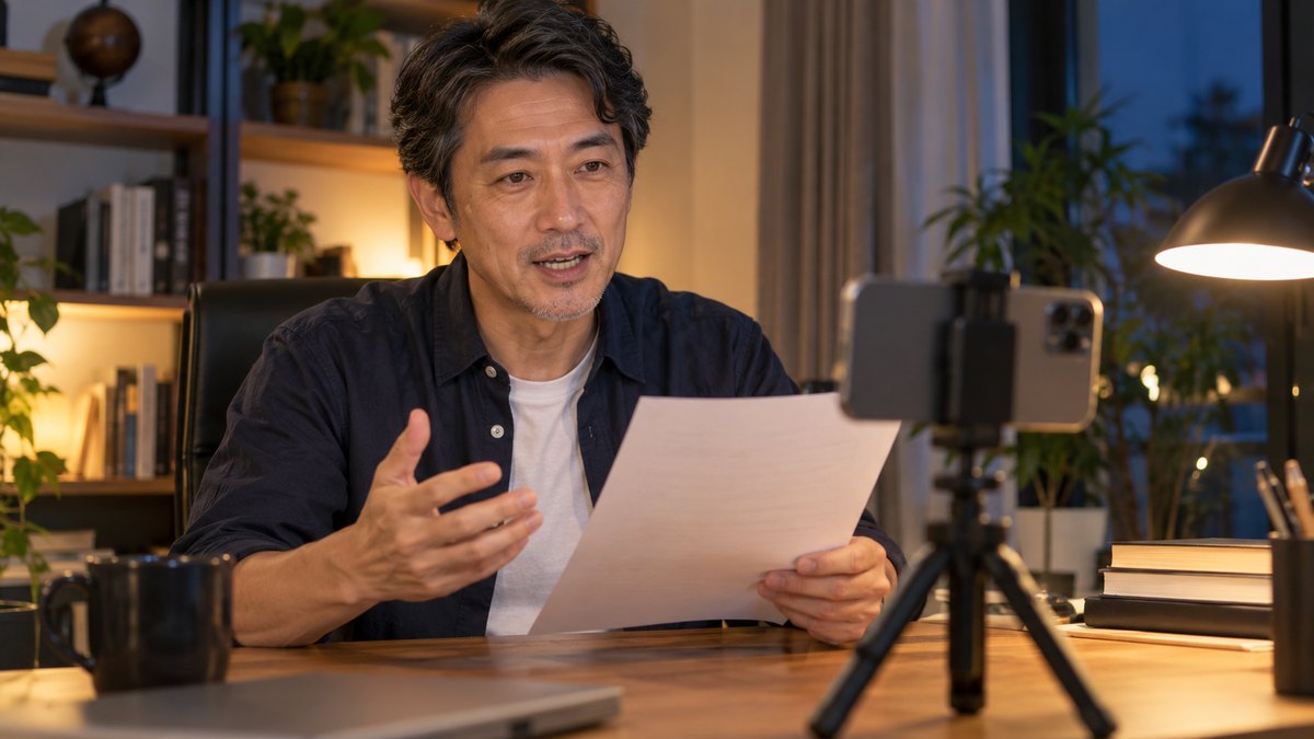 夜、自宅の書斎で、50代の男性が手に持った紙の原稿を声に出して読みながら、机の上の三脚に立てたスマホで自分の姿を撮影している近景。原稿とスマホの画面の文字は見えない