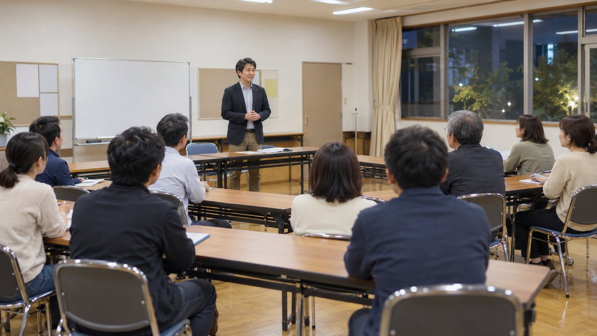 平日の夜、地域の公民館の会議室で、40代の男性が長机の前に立ち、座っている10人ほどの大人に向かって短い挨拶をしている遠景。壁の掲示物の文字は見えない