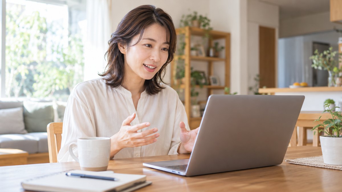 平日の昼、自宅の明るいダイニングで、30代の女性がノートパソコンに向かってオンライン会議に参加し、画面の向こうの相手に穏やかな表情で話しかけている近景。パソコンの画面は見えない角度