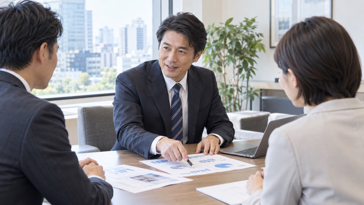 取引先の応接室で資料の図を指しながら提案する男性