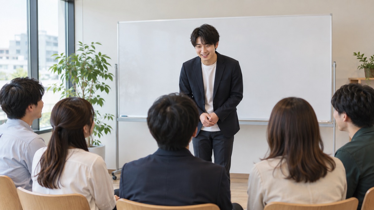 社内の打ち合わせスペースで白いボードの前に立ち、最初のあいさつをする男性