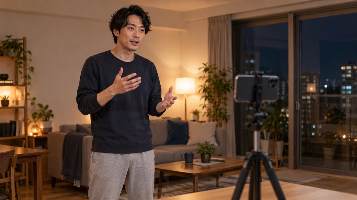 夜のリビングでスマートフォンを三脚に立て、プレゼンの練習を録画する男性
