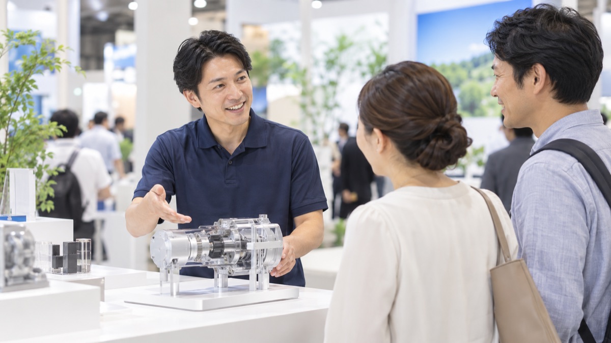 展示会のブースで来場者の目を見て製品を説明する男性