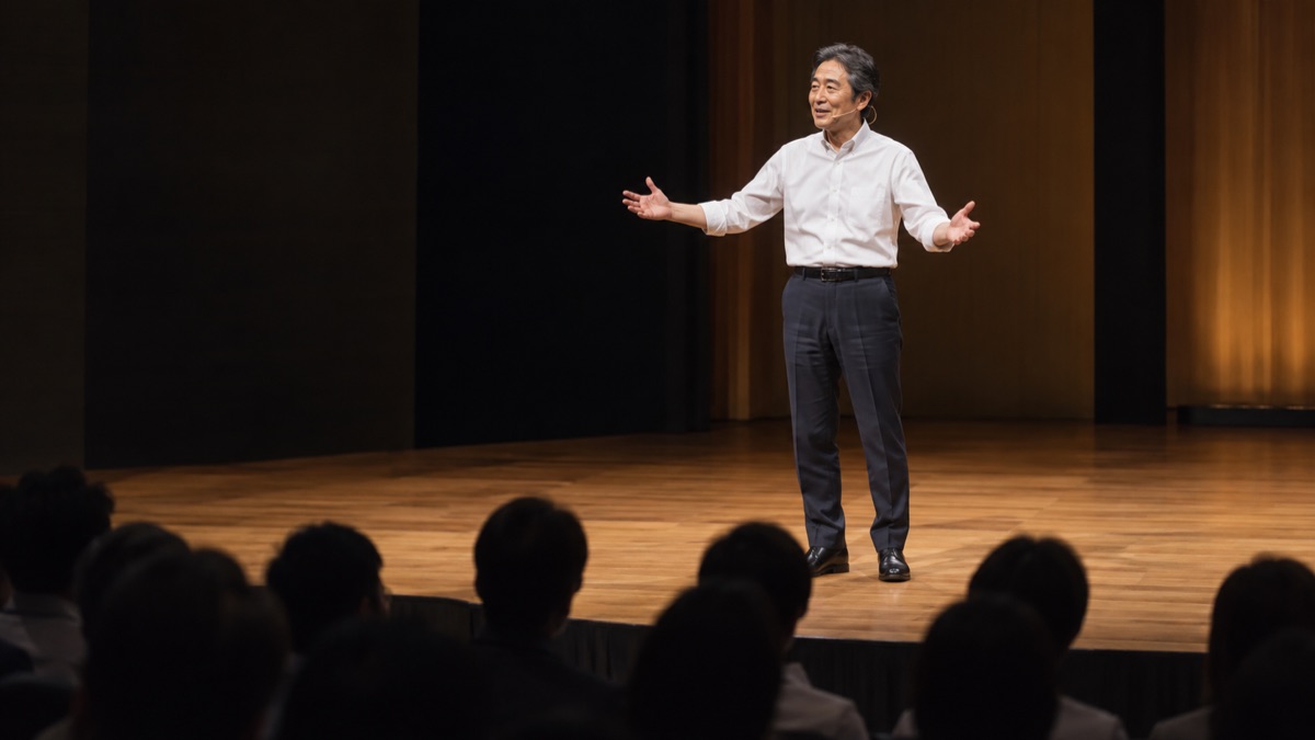 ホールの舞台で客席に向かって両手を広げて語りかける男性