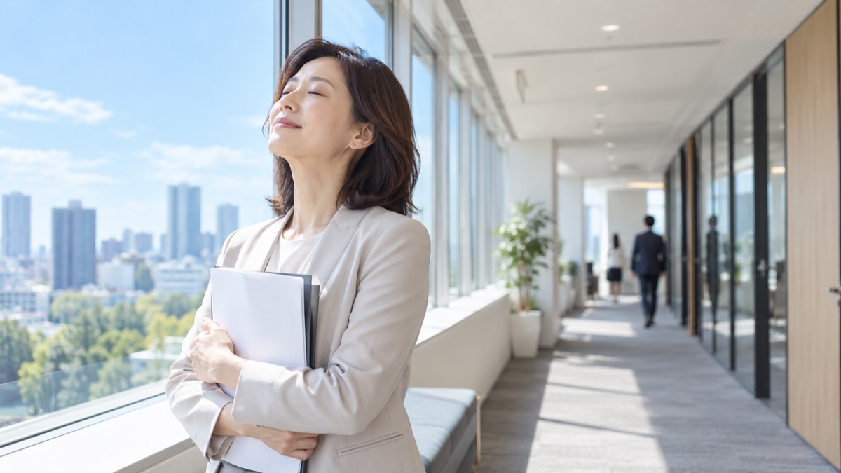 会議室の外の廊下で資料を抱え、ゆっくり息を吐く女性
