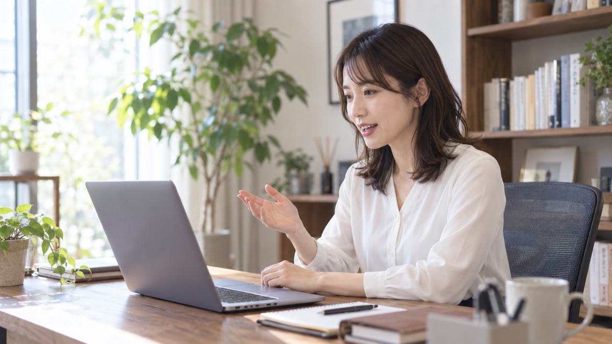 自宅の書斎でノートパソコンに向かいオンライン会議で説明する女性