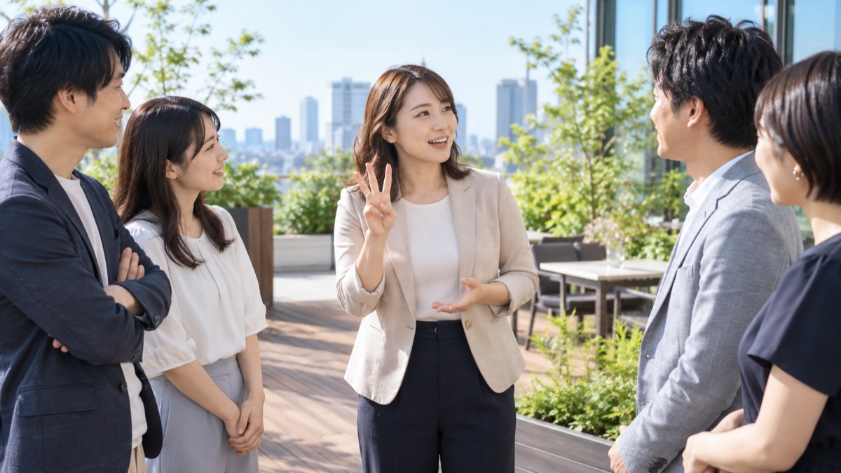 屋外テラスで同僚に指で数を示しながら話し、聞き手の一人に視線を向ける女性