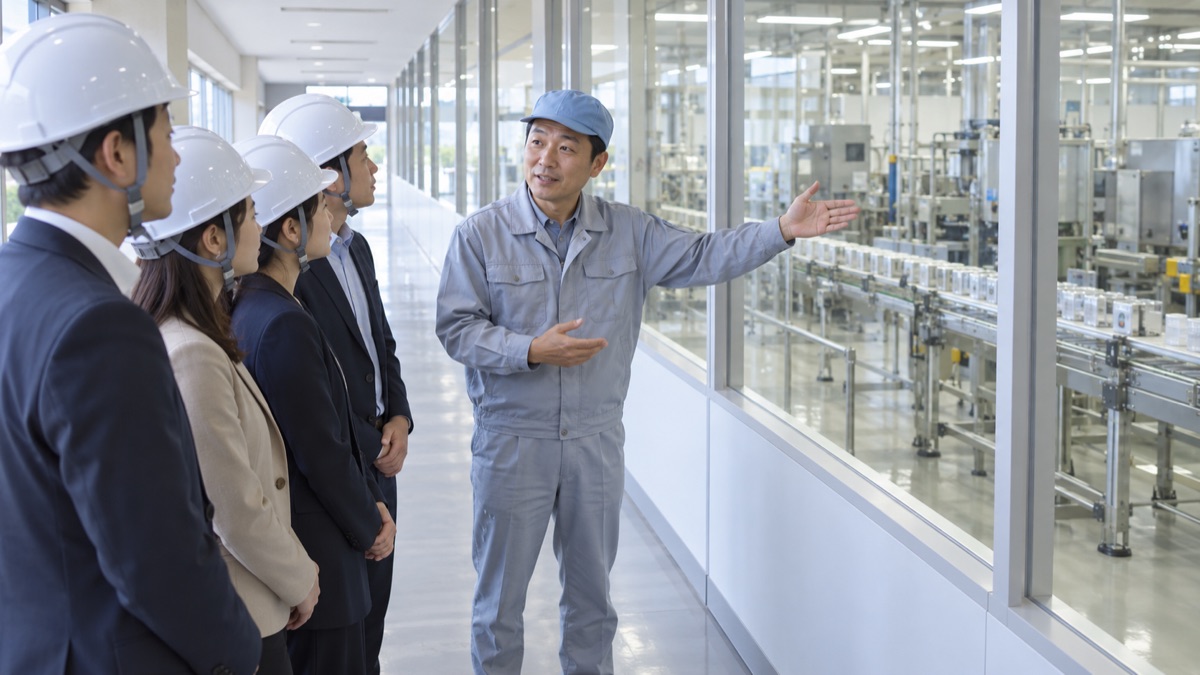 工場の見学通路で見学者の顔を見ながら生産ラインを説明する男性