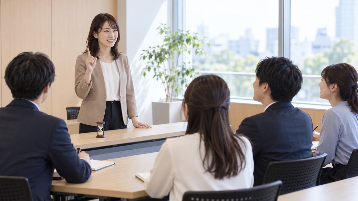 研修室で机に砂時計を置き、同期の前で指を1本立てて短い発表をする女性