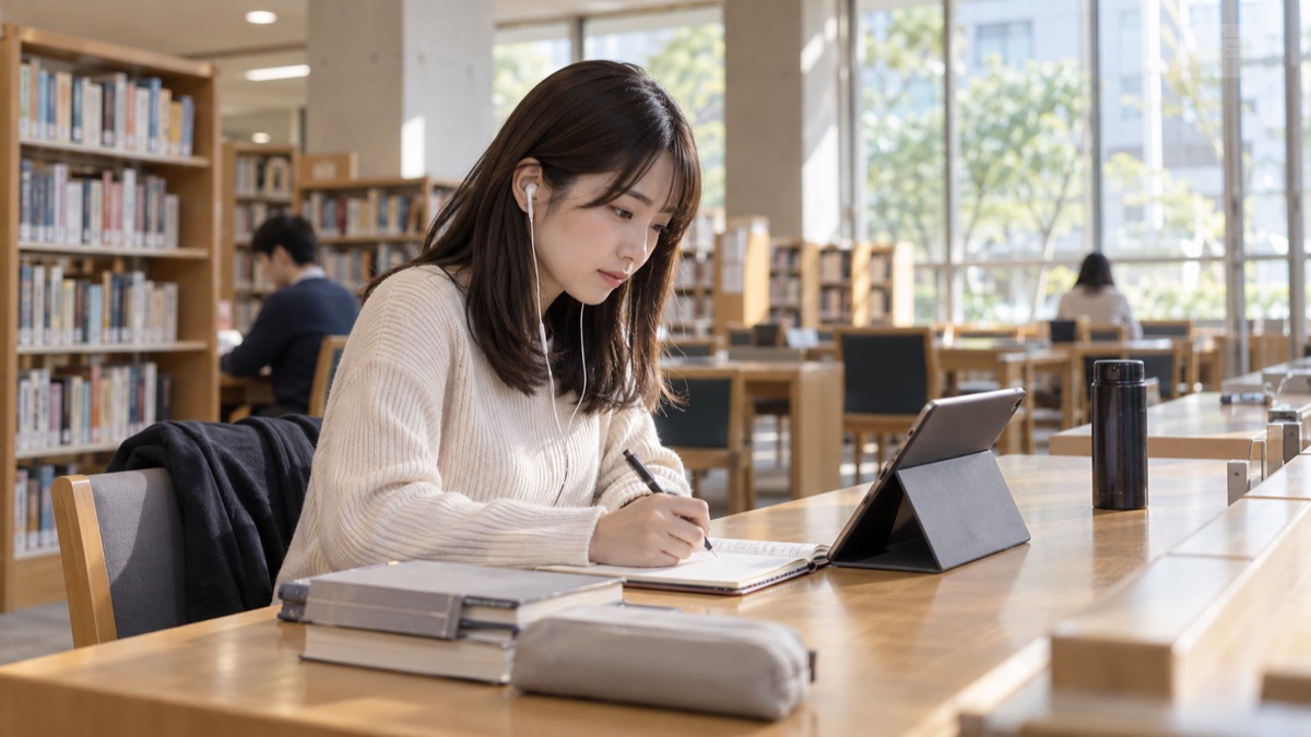 図書館でタブレットのスピーチ動画を見ながらメモを取る女性