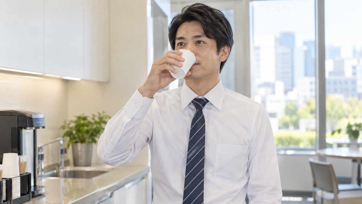 給湯室で紙コップの水を一口飲み、落ち着いた表情の男性