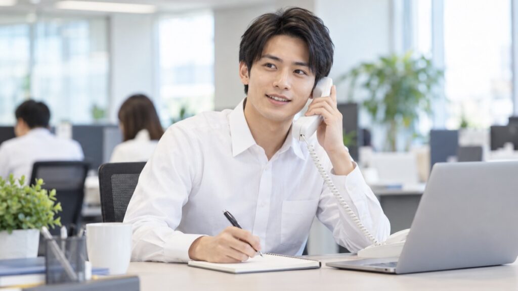 窓際の明るいオフィスで若手男性社員が固定電話の受話器を耳に当て、ペンを持って穏やかに話す