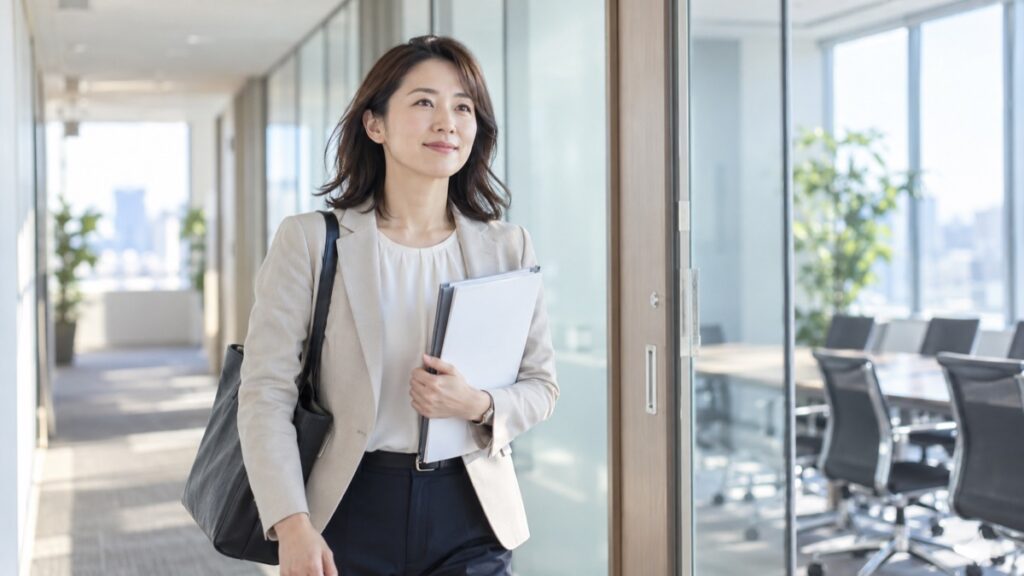 朝のオフィスの廊下を、資料を胸に抱えて会議室へ向かう30代の女性会社員