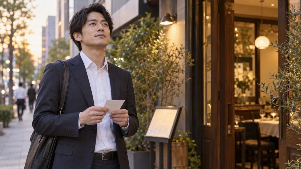 夕方のオフィス街のビストロの入口の前で、小さなメモを手にした男性が穏やかな表情で深呼吸している
