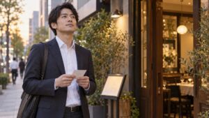 夕方のオフィス街のビストロの入口の前で、小さなメモを手にした男性が穏やかな表情で深呼吸している