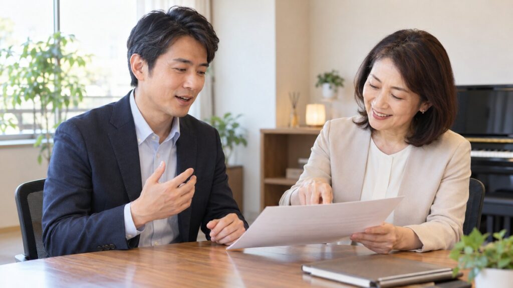 話し方教室のレッスンルームで、女性講師と原稿を一緒に見ながら声の出し方を相談する男性会社員