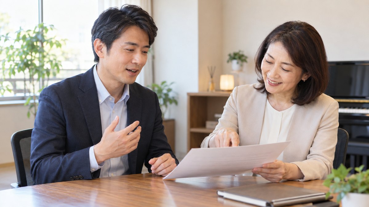 話し方教室のレッスンルームで、女性講師と原稿を一緒に見ながら声の出し方を相談する男性会社員