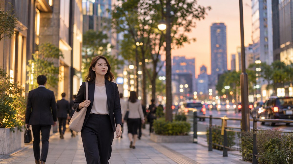 夕方の六本木の大通り沿いの歩道を、仕事帰りの30代の女性会社員がトートバッグを肩にかけ、前を向いて落ち着いた表情で歩いている遠景。背景のビルや街路樹はぼけている。看板や店名の文字は見えない