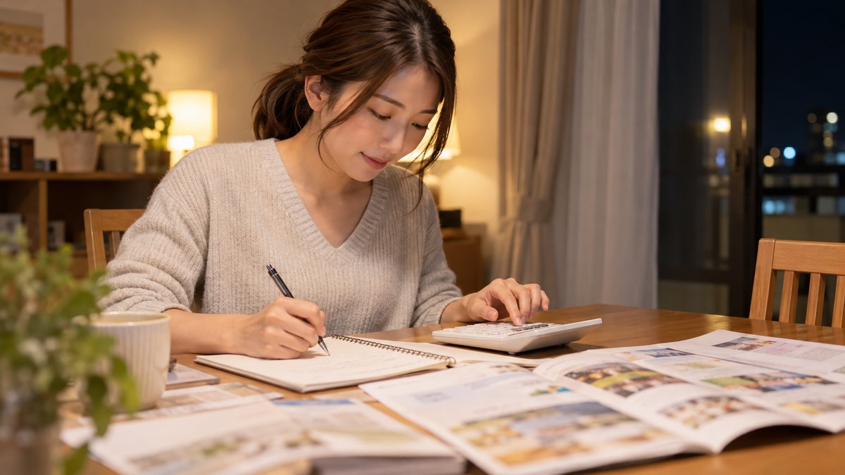 夜、自宅のダイニングテーブルで、30代の女性会社員がパンフレットと電卓を前に、ノートに金額を書き込みながら習い事の費用を落ち着いて計算している近景。パンフレットとノートの文字は読めない