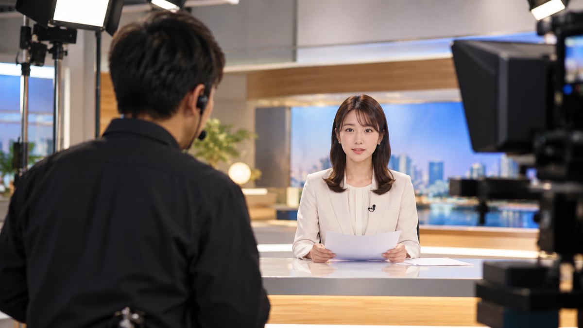 小さなテレビスタジオで、照明の下に置かれたニュースデスクに座った20代後半の女性が、原稿を手元に置いてカメラを見ながら落ち着いて読み、手前でスタッフの30代男性が見守っている近景。カメラや原稿、モニターの文字は見えない