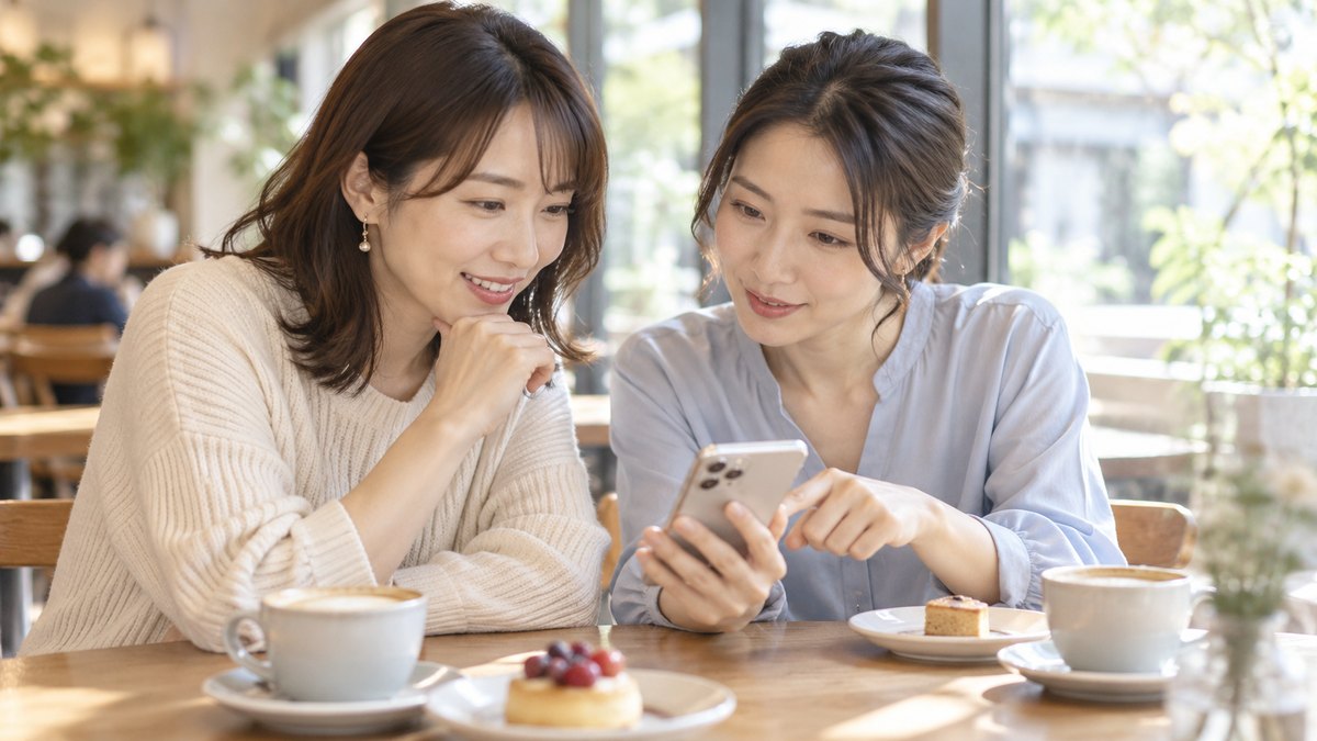 休日の午後、明るいカフェの窓際の席で、30代の女性2人がテーブルに置いたスマホを一緒にのぞき込み、学校選びについて穏やかに相談している近景。スマホの画面の文字は見えない