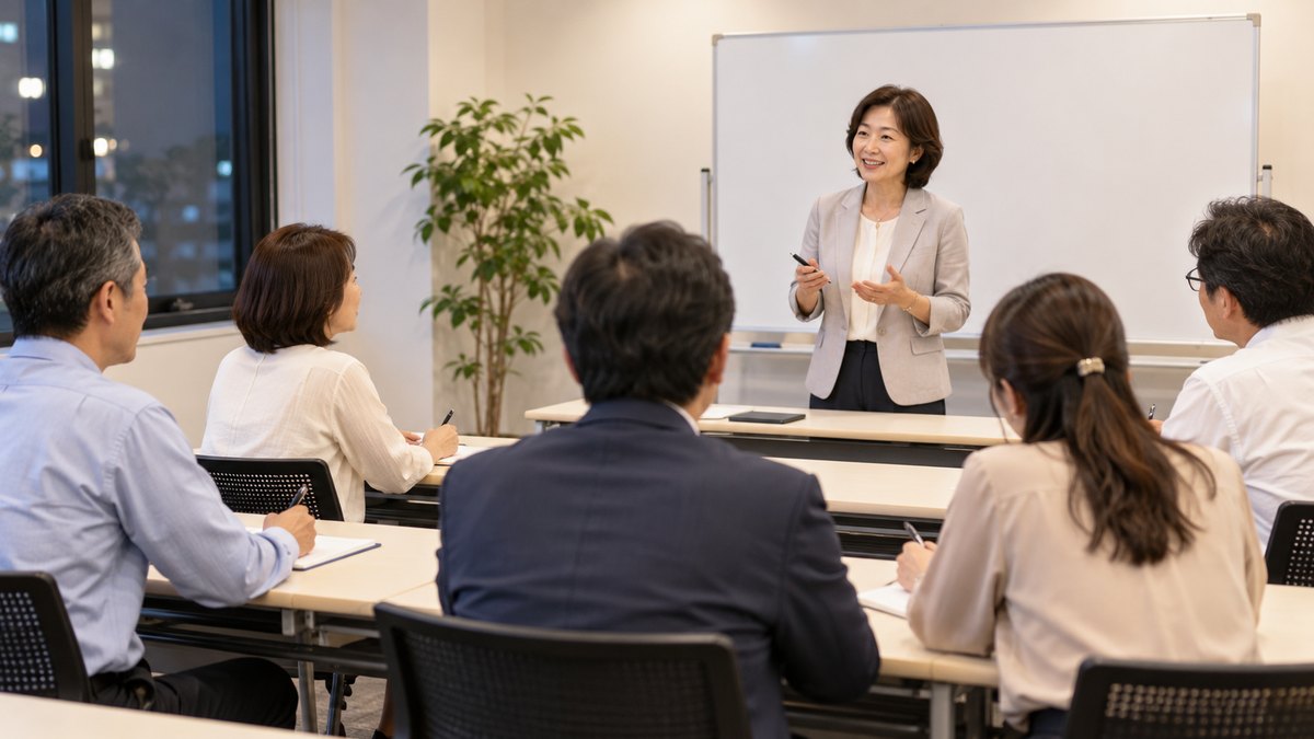 平日の夜、明るい教室で、40〜50代の社会人の男女5人ほどが長机に座り、前に立つ50代の女性講師の話を、手元のメモに目を落としながらうなずいて聞いている遠景。黒板やメモの文字は見えない