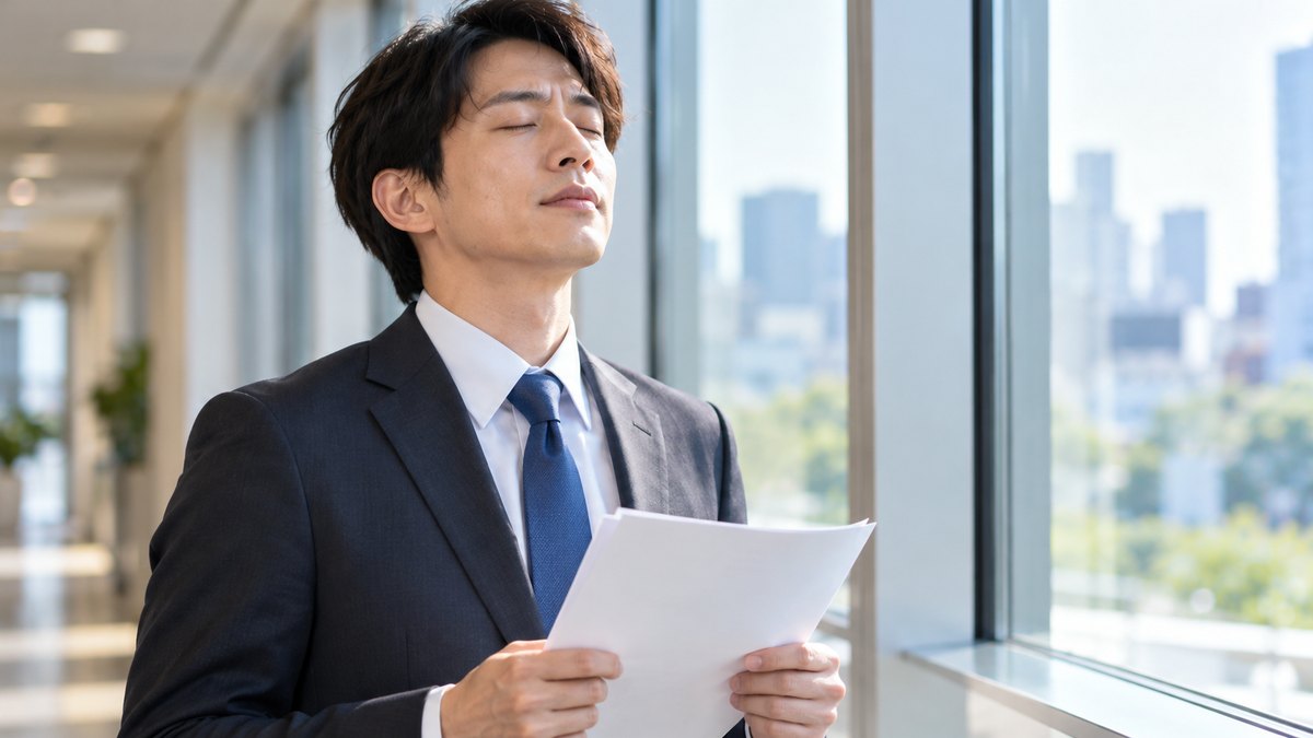 朝、会社の明るい廊下の窓際で、30代の男性会社員が手元の紙を軽く握り、目を閉じてゆっくり息を吐きながら、大事な面接の前に気持ちを落ち着けている近景。紙の文字は見えない