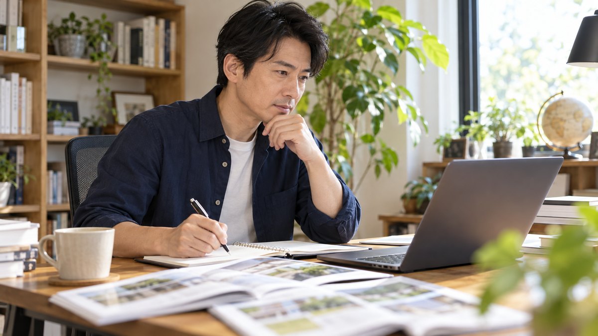 休日の朝、自宅の書斎で、40代の男性がノートパソコンと手帳を前に、いくつかの学校の情報を見比べながらペンでメモを取っている近景。画面と手帳の文字は読めない