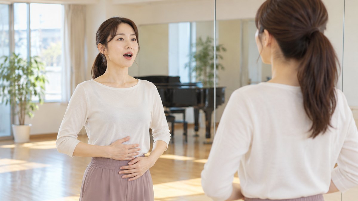 午後、壁一面が鏡になった明るいレッスン室で、30代の女性会社員が鏡の前に立ち、自分の口の開き方と姿勢を確かめながら発声練習をしている。顔がはっきり見える。文字は無い