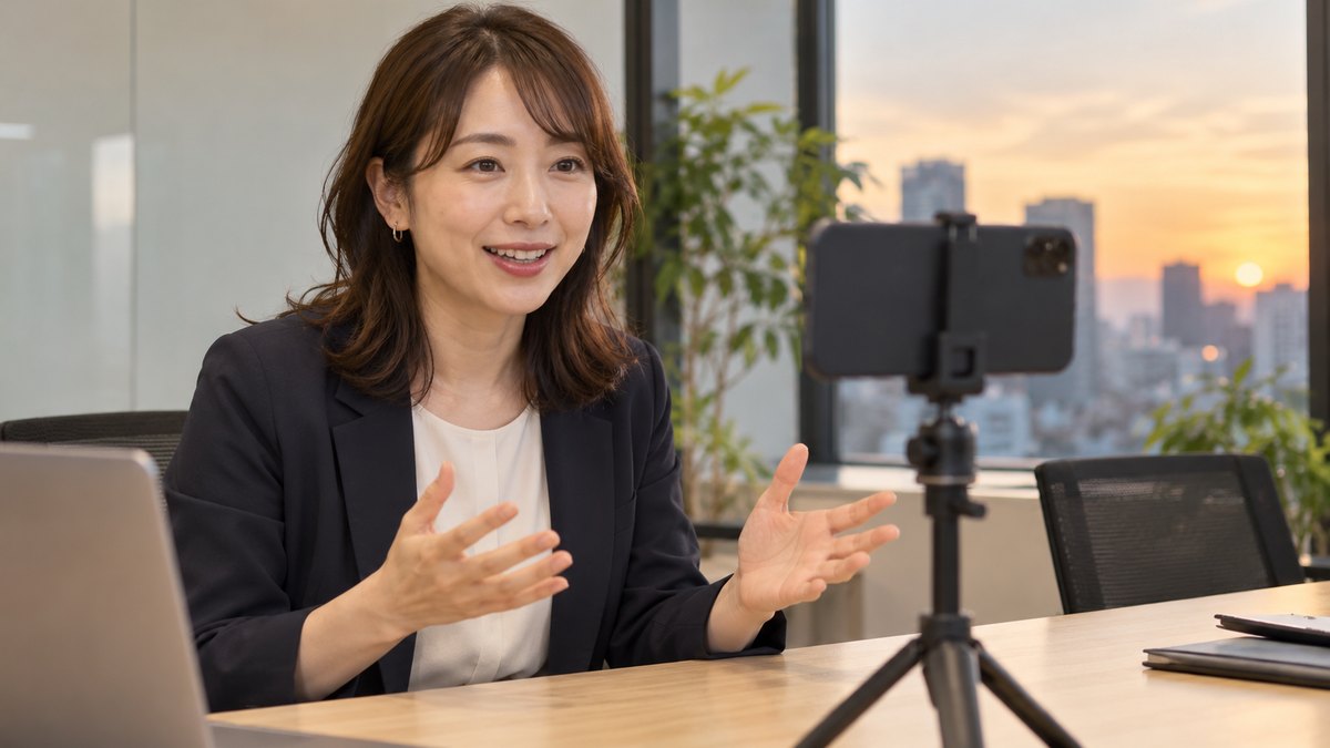 夕方、会社の小さな会議室で、30代の女性会社員が机の上の三脚に立てたスマホに向かって原稿を持たずに話し、自分の話す様子を撮影している近景。スマホの画面の文字は見えない