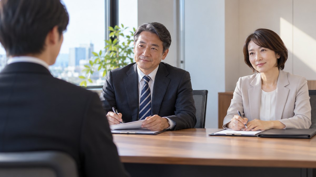 午後、会社の面接室で、50代の男性と40代の女性の面接官2人が机に並んで座り、穏やかな表情で向かいの応募者の話を聞いている。応募者は手前に背中だけ写る。書類の文字は見えない