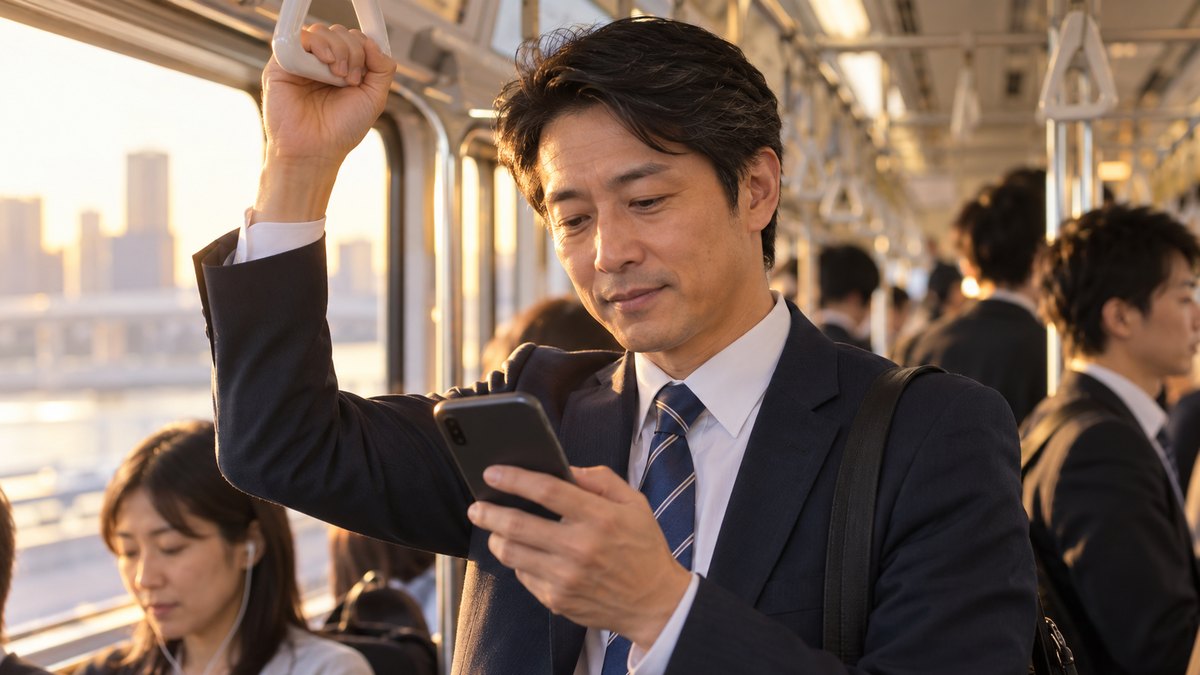 夕方の通勤電車の中で、40代の男性会社員が吊り革につかまりながら、スマホで学校のページを静かに読んでいる近景。スマホの画面と車内広告の文字は見えない