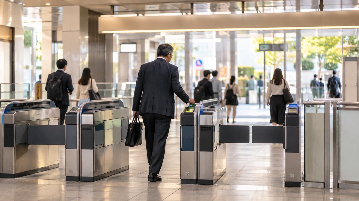 平日の夕方、地下鉄の駅の明るい改札口を、50代の男性会社員がICカードをかざして通り抜け、出口へ向かって歩いている遠景。駅名や案内板の文字は見えない