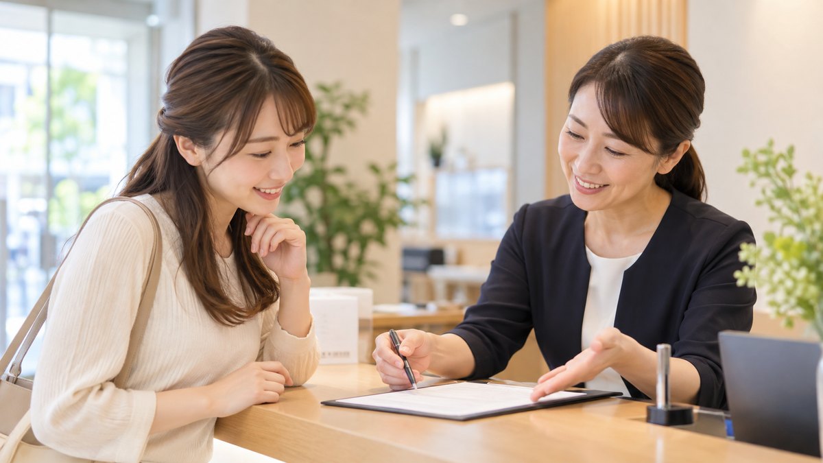 午後、スクールの明るい受付カウンターで、20代後半の女性が、受付の40代の女性スタッフから申込書の書き方の説明を受けている近景。申込書と壁の文字は見えない