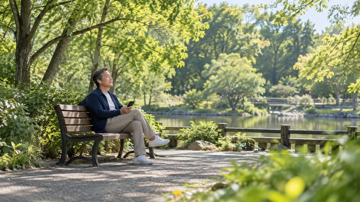 休日の朝、緑の多い公園のベンチで、50代の男性が片耳にイヤホンをつけ、スマホに録音した自分の声を目を閉じて聞いている遠景。スマホの画面の文字は見えない